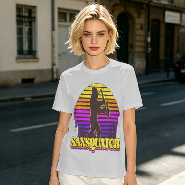 Saxsquatch Bigfoot Playing Saxophone Retro Sunset T-Shirt