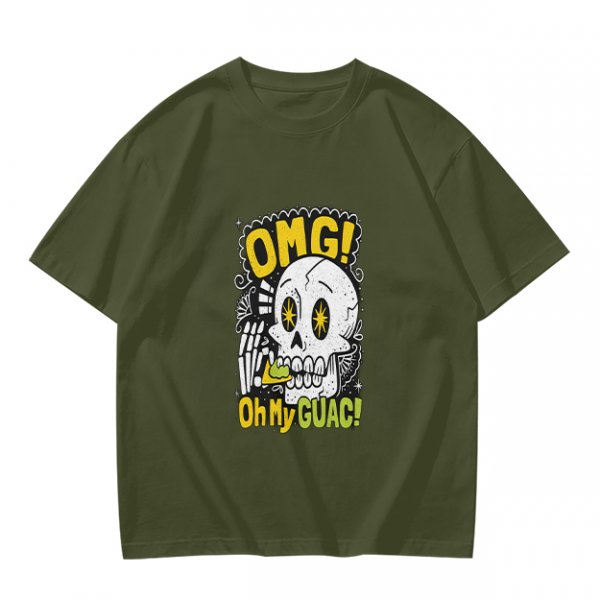 Olive T-Shirt With Funny Skull 'OMG Oh My Guac!' Print