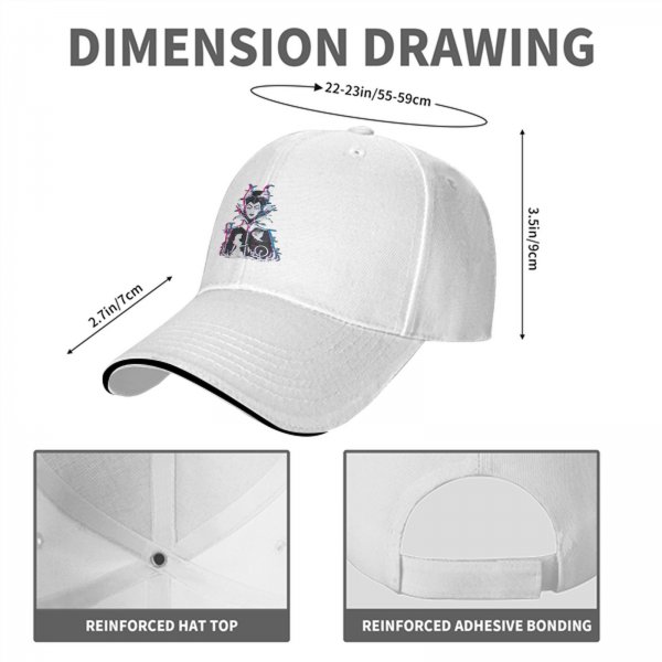 Black baseball cap with glitch-style Maleficent graphic print