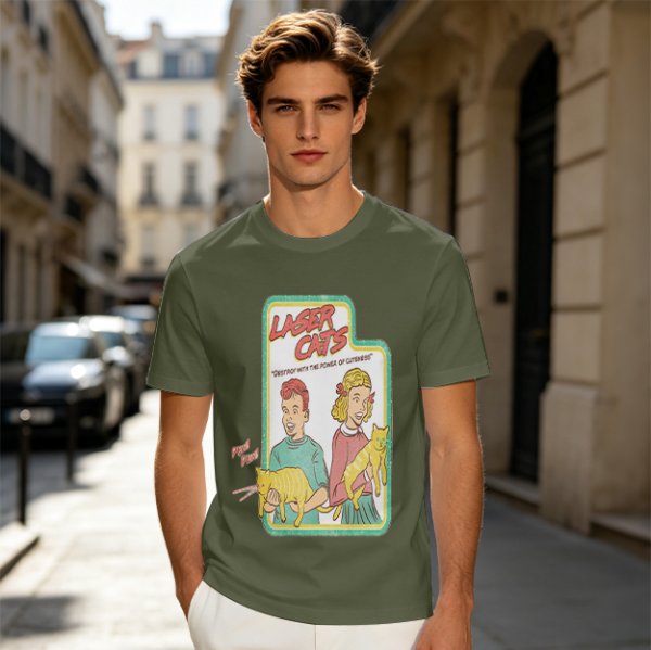 Olive graphic tee with Laser Cats retro comic print of kids holding laser cats