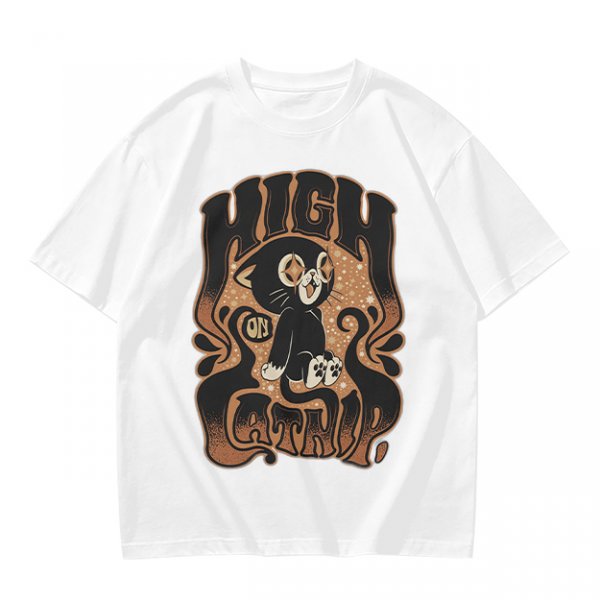 Olive green graphic t-shirt with a high on catip black cat print