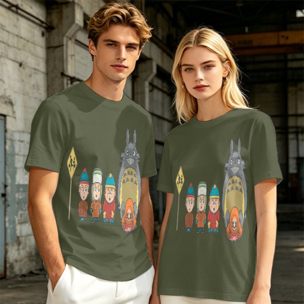 Olive T-shirt with cartoon characters print featuring Totoro and small figures