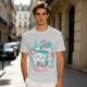 Olive t-shirt with a cartoon apple juice box skeleton graphic