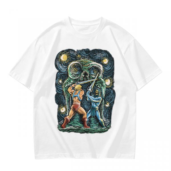 Olive T-shirt with Starry Night Style He-Man vs Skeletor Art