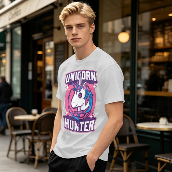 Unicorn Hunter Graphic Tee with Sword and Sparkle Design