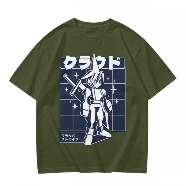 Olive t-shirt with stylized anime warrior graphic and Japanese text