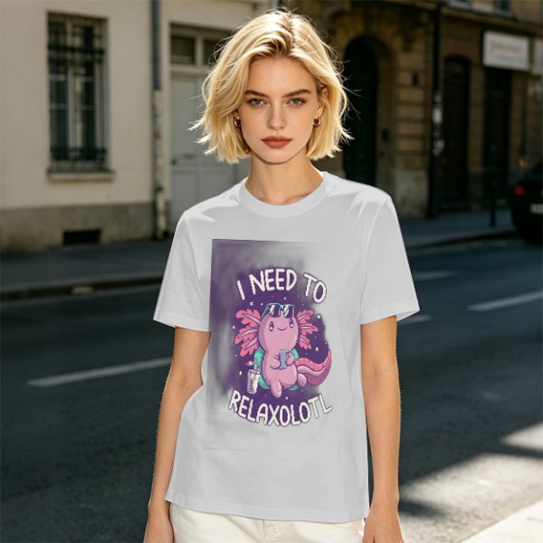 Olive t-shirt with axolotl 'I need to relaxolotl' graphic