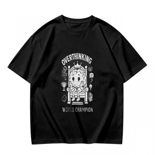 Oversized Army Green T-Shirt with Overthinking World Champion Brain Graphic