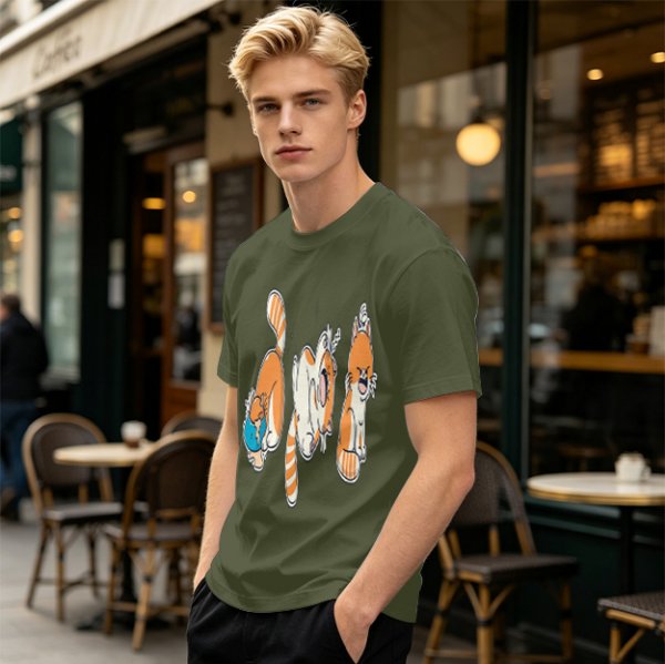 Olive T-Shirt With Playful Orange Cat Illustrations