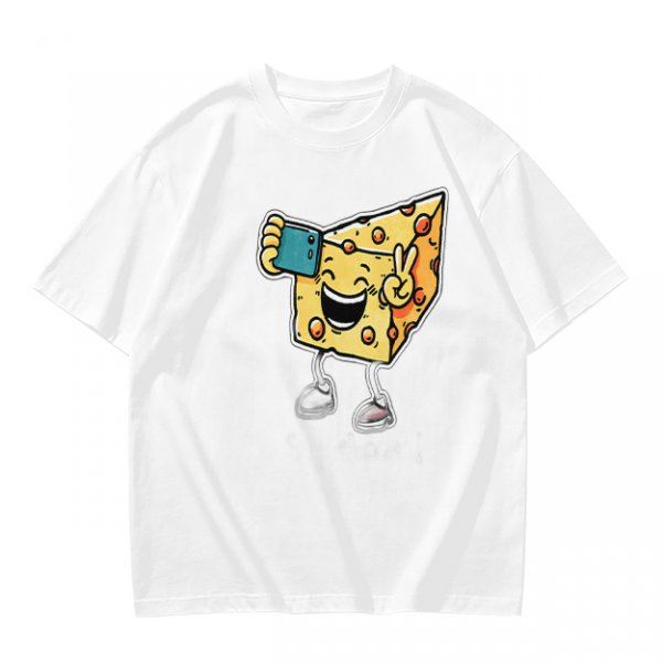 Olive T-shirt with a cartoon cheese taking a selfie and making a peace sign
