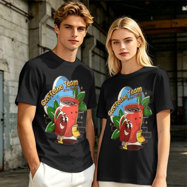 Olive green graphic t-shirt with caffeine team coffee cup and bean illustration