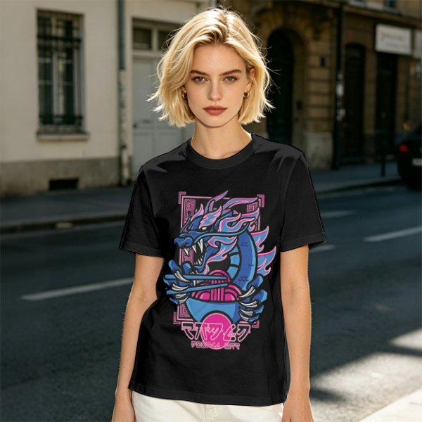 Olive T-Shirt With Neon Blue Dragon Holding Ramen Chopsticks Art