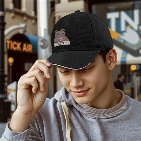 Black Baseball Cap With Grumpy Bear Holding Coffee Mug And Nope Text