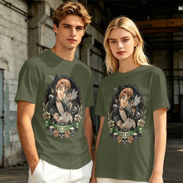 Olive T-Shirt with Dark Peter Pan and Tinker Bell 'Lost Boy' Graphic