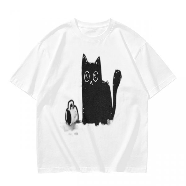 Olive Green T-Shirt With Cute Surprised Black Cat And Bell Print
