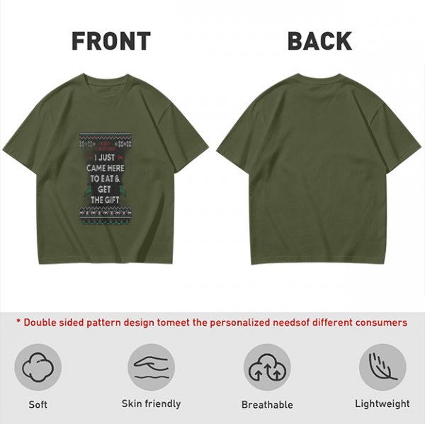 Olive Christmas T-Shirt With 'I Just Came Here To Eat & Get The Gift' Print