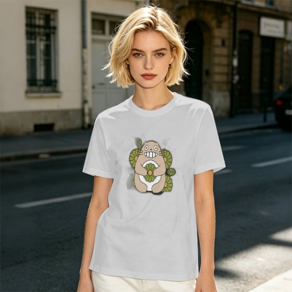 Olive Green T-Shirt With Cute Totoro And Leaf Print