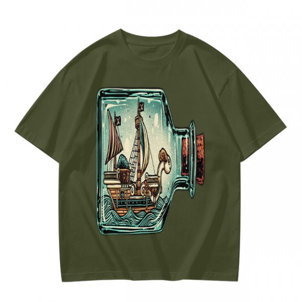 Olive T-Shirt With Pirate Ship In Glass Jar Artwork