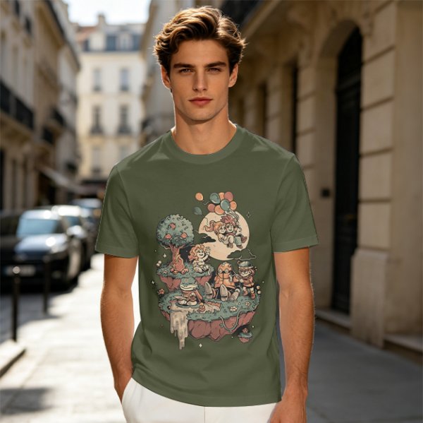 Olive T-Shirt With Whimsical Floating Island Children Art Print