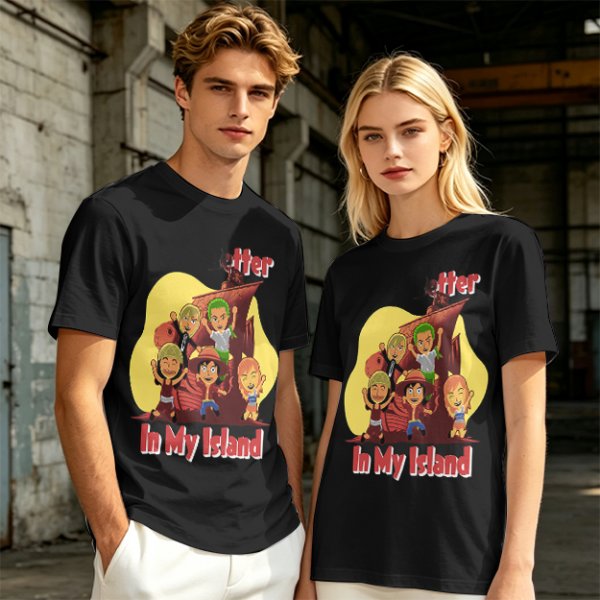 Olive T-Shirt With One Piece Anime Crew 'In My Island' Print