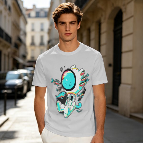 Olive T-Shirt with Astronaut Cat and Fish Graphic Print