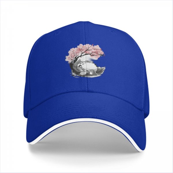 Black baseball cap with Totoro under cherry blossom tree print