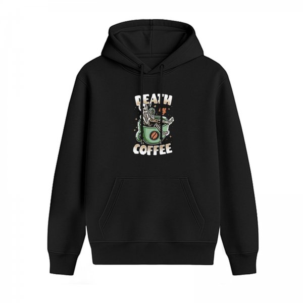 Black hoodie with 'Death Before Coffee' skeleton in coffee cup graphic