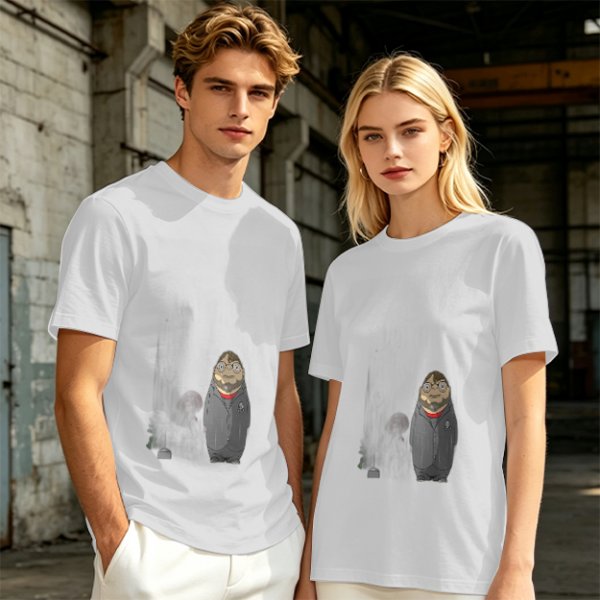 Olive Green T-Shirt With Chibi Bearded Man In Suit Graphic