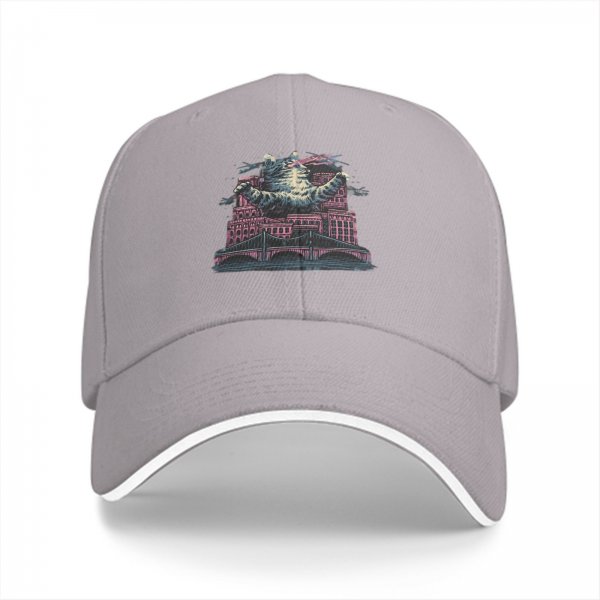 Black Baseball Cap With Giant Monster Cat Cityscape Art Print