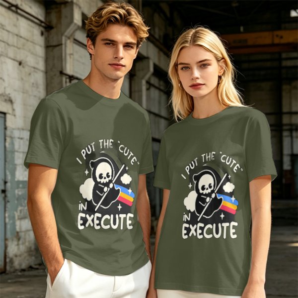 Olive t-shirt with cute grim reaper 'I put the cute in execute' print
