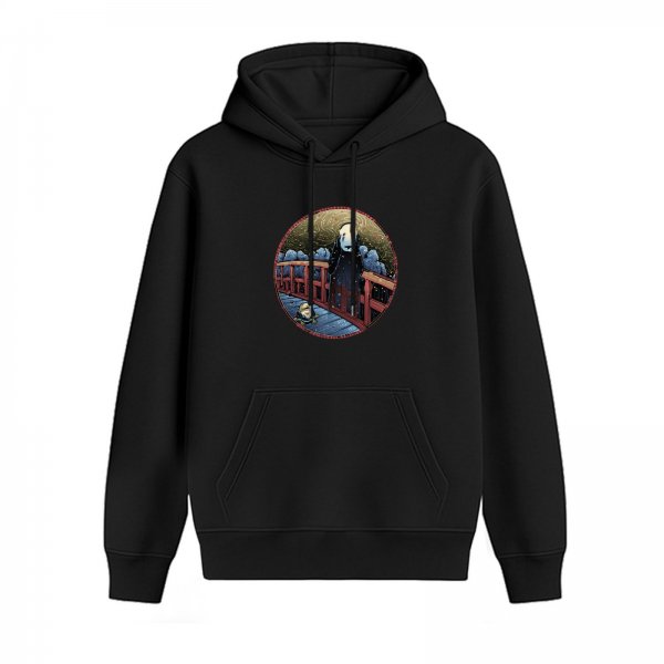 Black hoodie with anime spirit bridge scene graphic