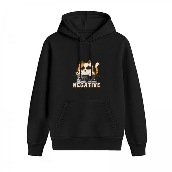 Black hoodie with a cute cat graphic and 'CAME BACK NEGATIVE' text