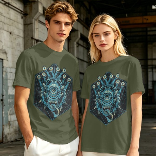 Olive T-Shirt With Blue Beholder Monster Graphic Print