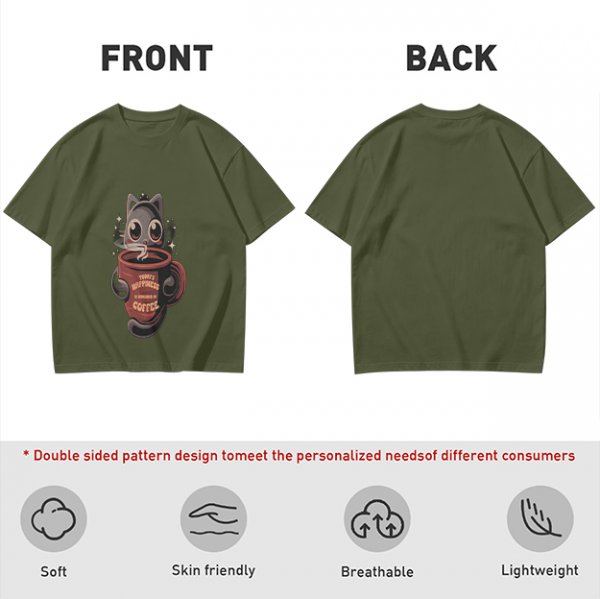Olive t-shirt with a cartoon cat and coffee cup graphic