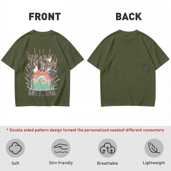 Olive graphic t-shirt with tropical sunset wave and palm tree print