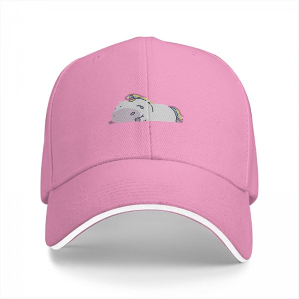 Black Baseball Cap With Chubby Lying Unicorn Rainbow Print