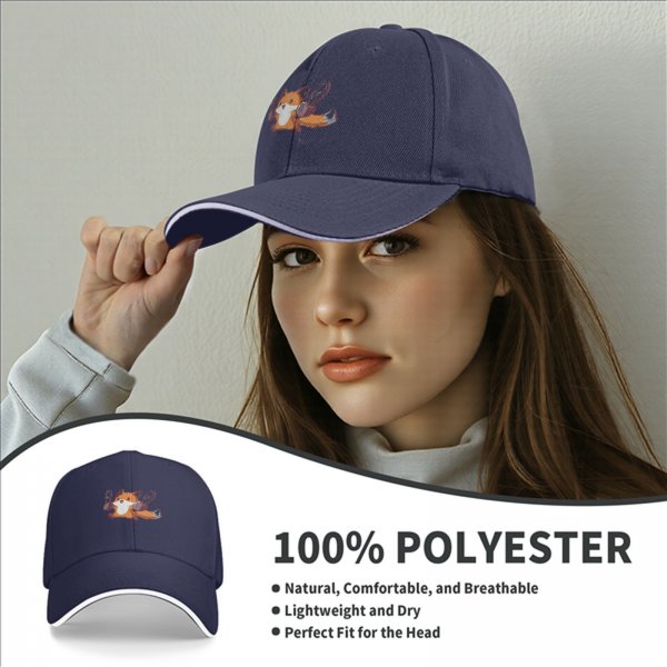 Black baseball cap with a cheerful fox holding chainsaws graphic