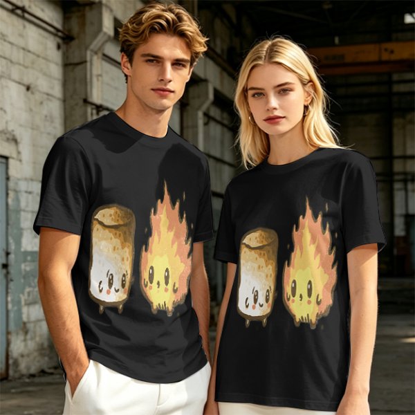 Olive T-Shirt With Cute Roasted Marshmallow And Fire Graphic