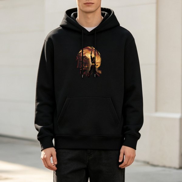 Black hoodie with fantasy warrior silhouette and swirling fiery artwork