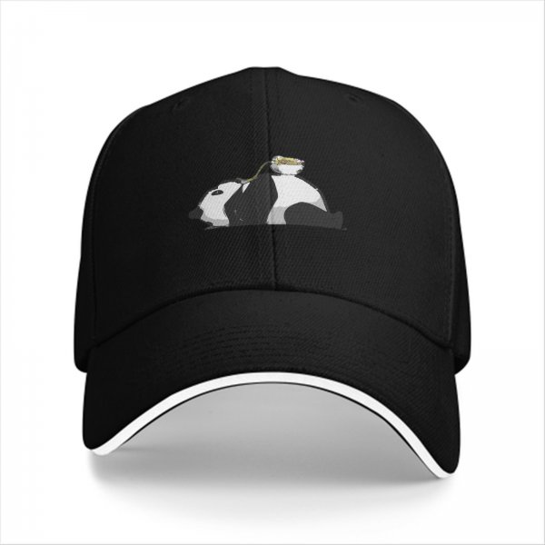Black Baseball Cap With Lazy Panda Eating Noodle Graphic