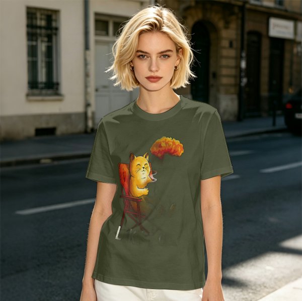 Olive T-Shirt Featuring a Relaxed Cat on a Chair with Fried Chicken Print