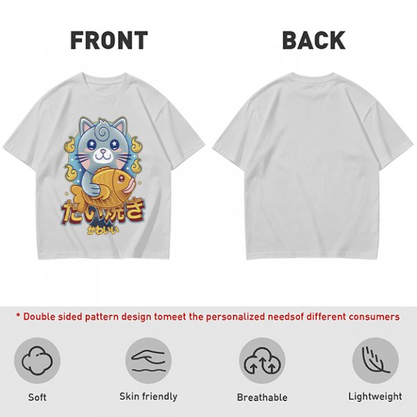 Olive green t-shirt with cute gray cat holding taiyaki graphic
