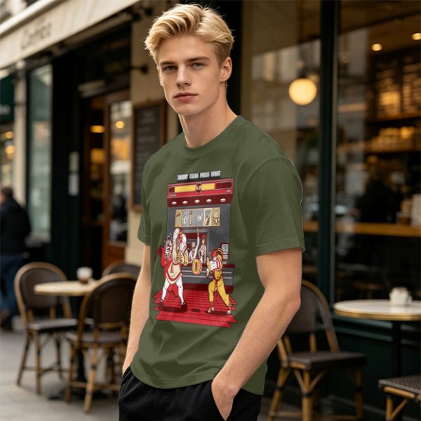 Olive T-shirt with Fast Food Themed Street Fighter Style Fight Artwork