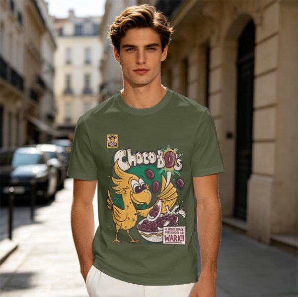 Olive t-shirt with Choco-Bo's cereal graphic featuring a yellow bird