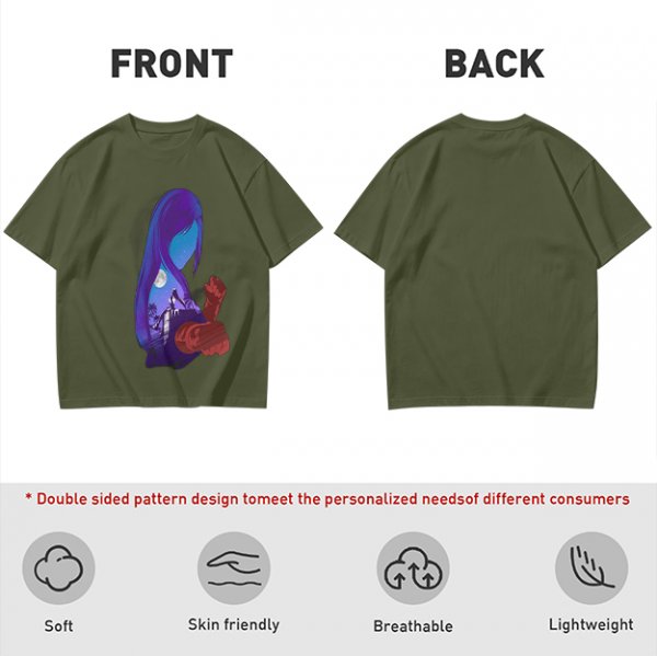 Olive T-Shirt With Purple Haired Figure Night Scene Print