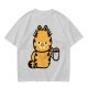 Olive T-Shirt With Grumpy Orange Cat Holding Hot Coffee Print