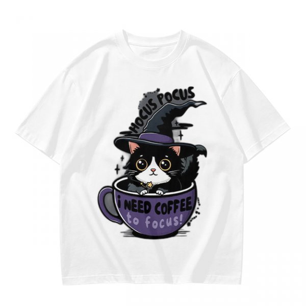 Olive t-shirt with witch cat in coffee cup 'Hocus Pocus I Need Coffee'