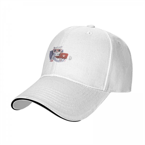 Black Baseball Cap With Cute Working Cat Graphic Print