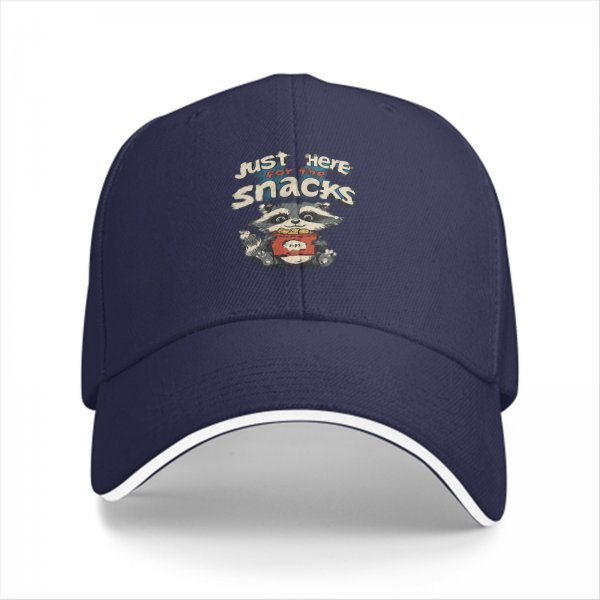 Black baseball cap with 'Just Here For The Snacks' raccoon graphic