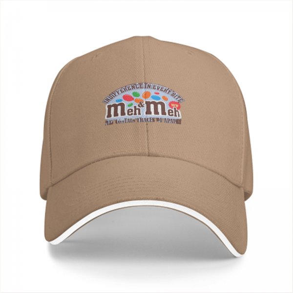 Black baseball cap with 'meh & meh' novelty candy parody design